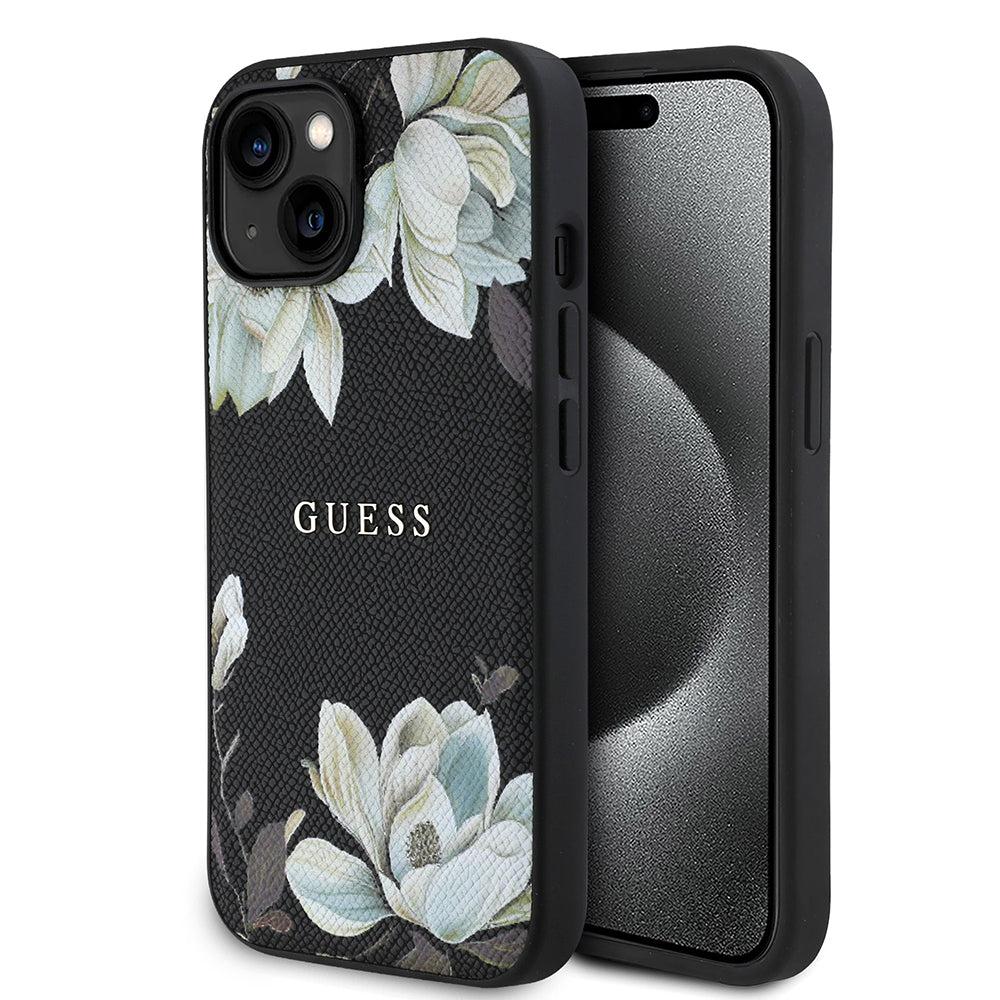iPhone 15 Kılıf Guess Orjinal Lisanslı M-safe Şarj Özellikli Taneli Çiçek Tasarımlı Metal Yazı Logolu Kapak