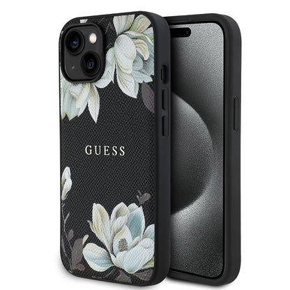 iPhone 15 Kılıf Guess Orjinal Lisanslı M-safe Şarj Özellikli Taneli Çiçek Tasarımlı Metal Yazı Logolu Kapak