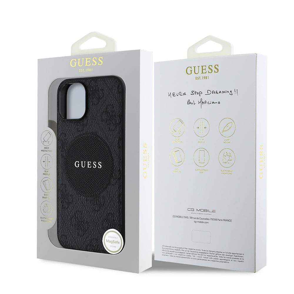 iPhone 15 Kılıf Guess Orjinal Lisanslı M-safe Şarj Özellikli Yazı Logolu Circle Classic Kapak