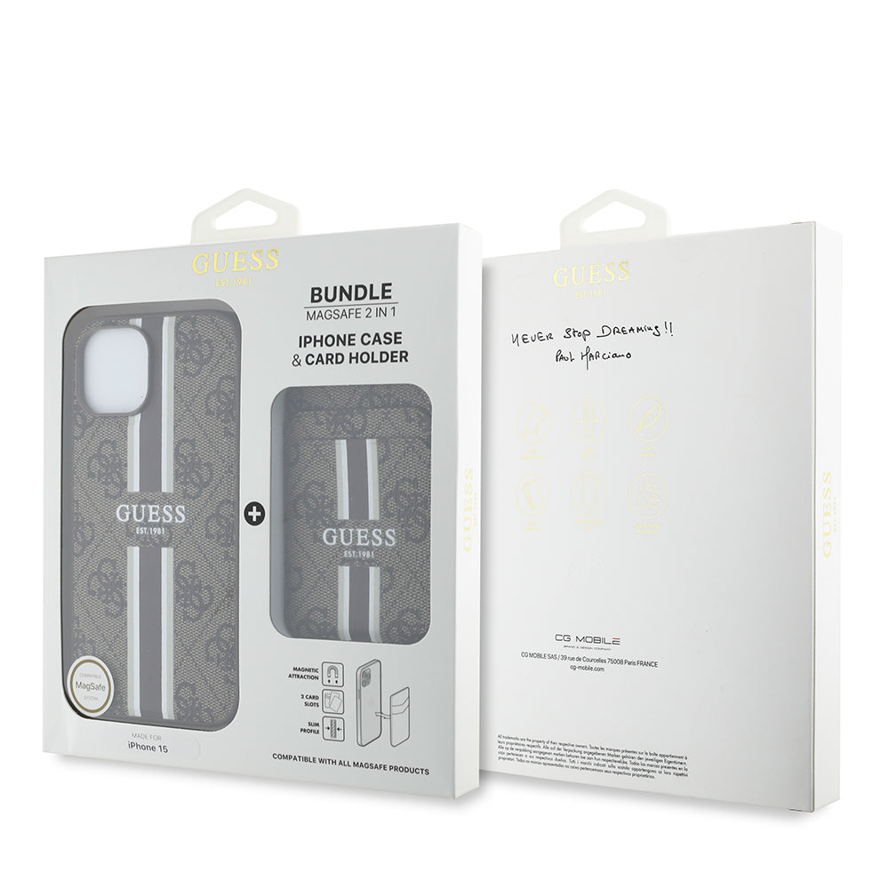 iPhone 15 Kılıf Guess Orjinal Lisanslı M-safe Şarj Özellikli 4G Desenli Çizgili Kartlıklı Kapak