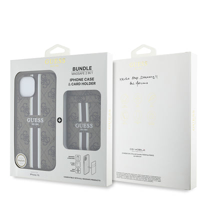 iPhone 15 Kılıf Guess Orjinal Lisanslı M-safe Şarj Özellikli 4G Desenli Çizgili Kartlıklı Kapak