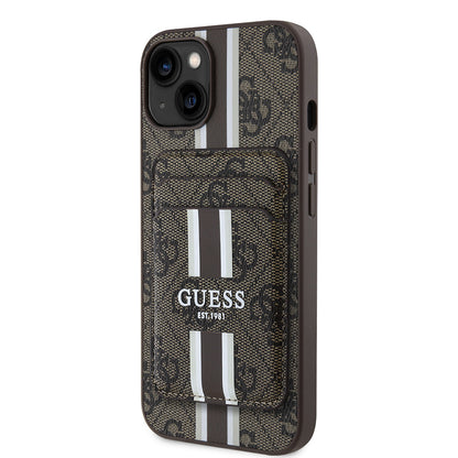 iPhone 15 Kılıf Guess Orjinal Lisanslı M-safe Şarj Özellikli 4G Desenli Çizgili Kartlıklı Kapak