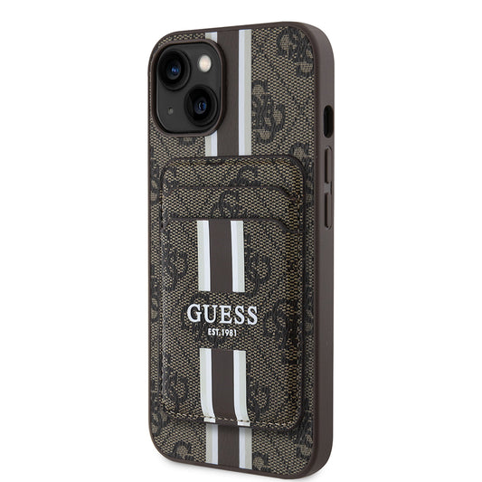 iPhone 15 Kılıf Guess Orjinal Lisanslı M-safe Şarj Özellikli 4G Desenli Çizgili Kartlıklı Kapak