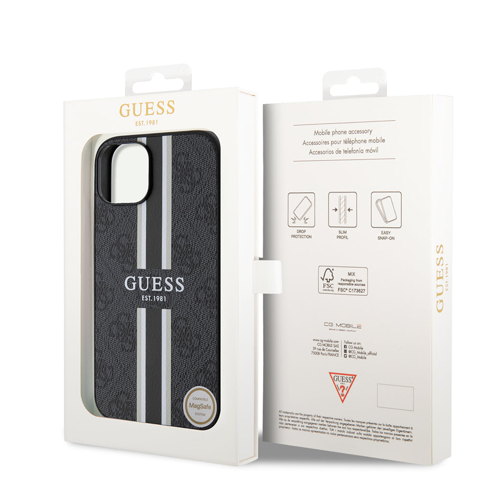 iPhone 15 Kılıf Guess Orjinal Lisanslı M-safe Şarj Özellikli 4G Şerit Tasarımlı Printed Kapak