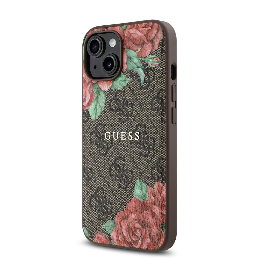 iPhone 15 Kılıf Guess Orjinal Lisanslı M-safe Şarj Özellikli Gül Baskılı 4G Desenli Yazı Logolu Kapak