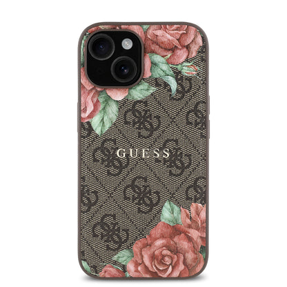 iPhone 15 Kılıf Guess Orjinal Lisanslı M-safe Şarj Özellikli Gül Baskılı 4G Desenli Yazı Logolu Kapak