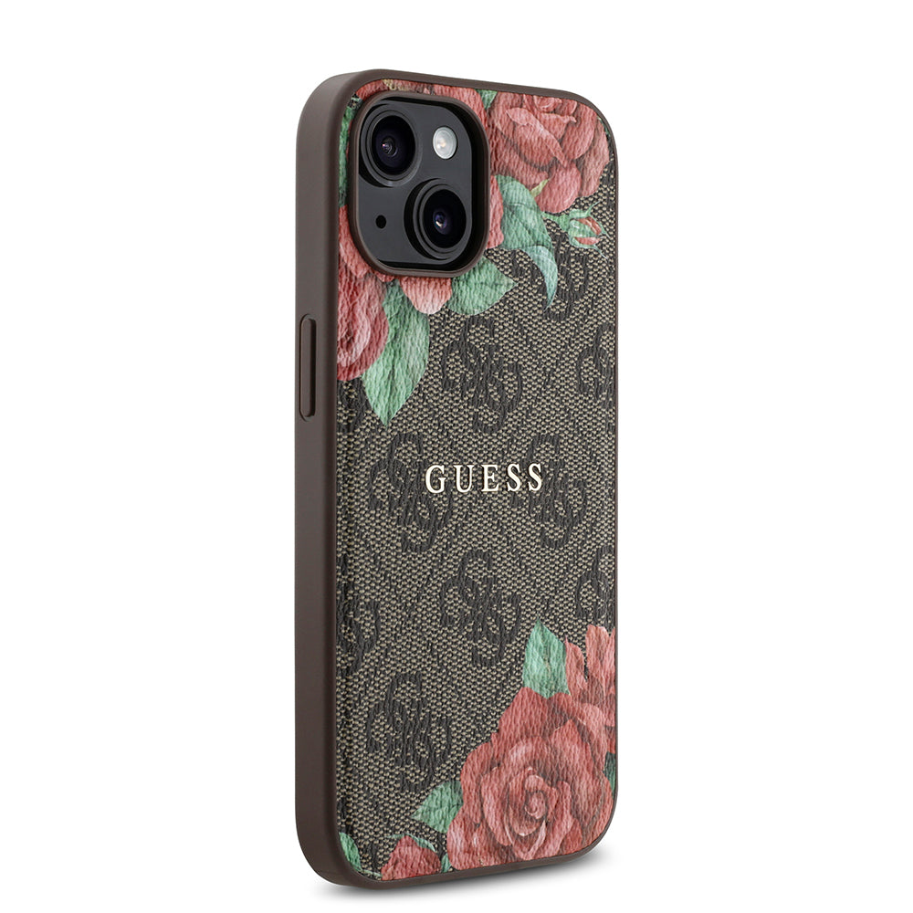 iPhone 15 Kılıf Guess Orjinal Lisanslı M-safe Şarj Özellikli Gül Baskılı 4G Desenli Yazı Logolu Kapak