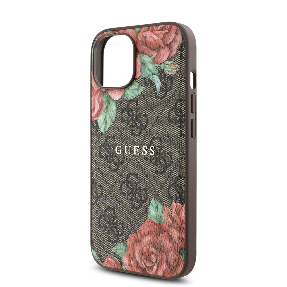 iPhone 15 Kılıf Guess Orjinal Lisanslı M-safe Şarj Özellikli Gül Baskılı 4G Desenli Yazı Logolu Kapak
