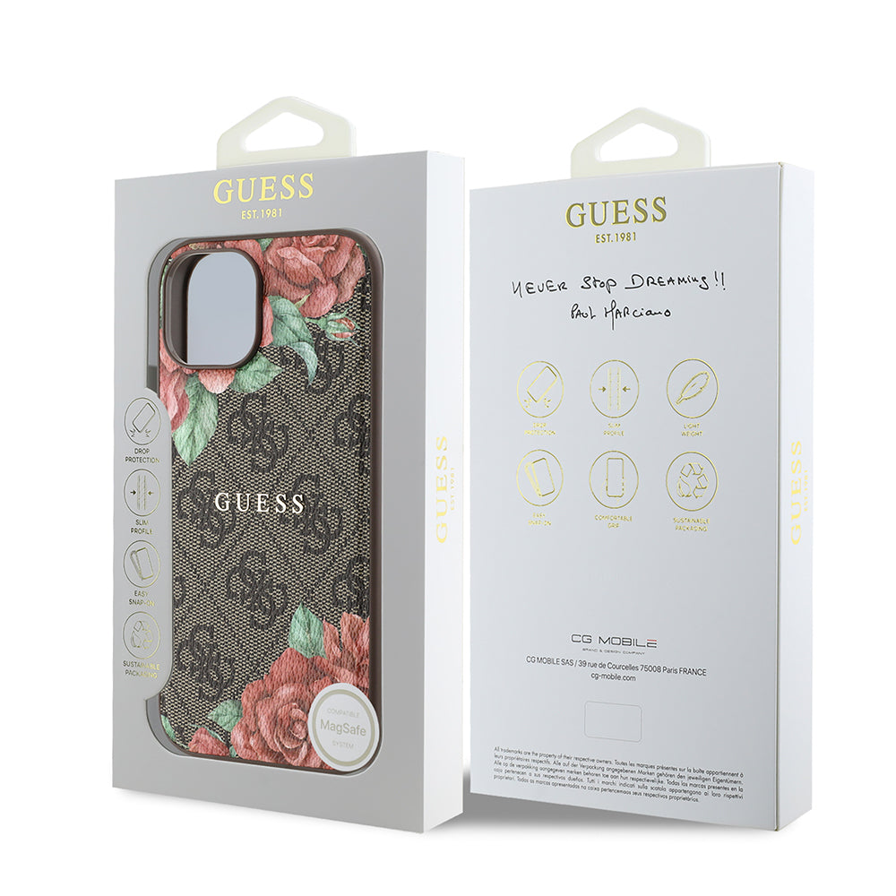 iPhone 15 Kılıf Guess Orjinal Lisanslı M-safe Şarj Özellikli Gül Baskılı 4G Desenli Yazı Logolu Kapak