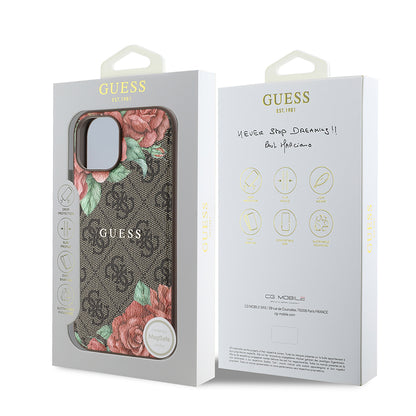 iPhone 15 Kılıf Guess Orjinal Lisanslı M-safe Şarj Özellikli Gül Baskılı 4G Desenli Yazı Logolu Kapak