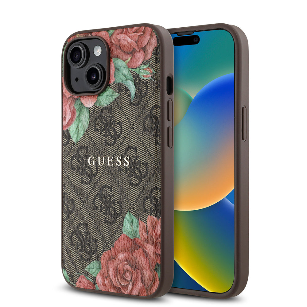iPhone 15 Kılıf Guess Orjinal Lisanslı M-safe Şarj Özellikli Gül Baskılı 4G Desenli Yazı Logolu Kapak