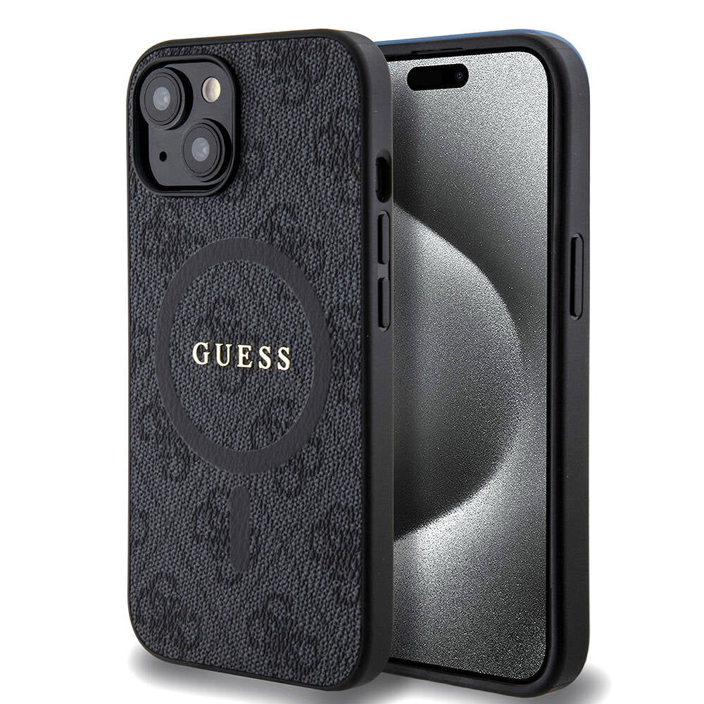 iPhone 15 Kılıf Guess Orjinal Lisanslı M-safe Şarj Özellikli PU Halkalı 4G Desenli Yazı Logolu Kapak