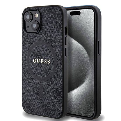 iPhone 15 Kılıf Guess Orjinal Lisanslı M-safe Şarj Özellikli PU Halkalı 4G Desenli Yazı Logolu Kapak