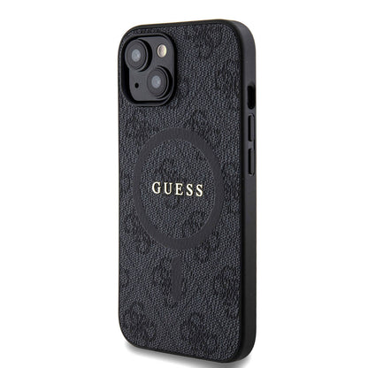 iPhone 15 Kılıf Guess Orjinal Lisanslı M-safe Şarj Özellikli PU Halkalı 4G Desenli Yazı Logolu Kapak