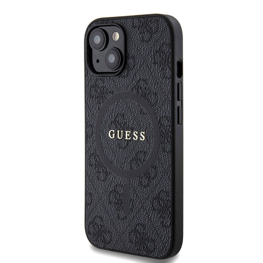 iPhone 15 Kılıf Guess Orjinal Lisanslı M-safe Şarj Özellikli PU Halkalı 4G Desenli Yazı Logolu Kapak