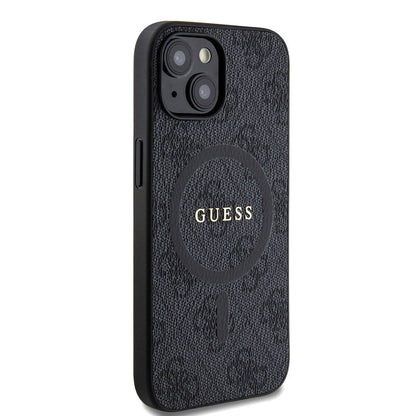 iPhone 15 Kılıf Guess Orjinal Lisanslı M-safe Şarj Özellikli PU Halkalı 4G Desenli Yazı Logolu Kapak