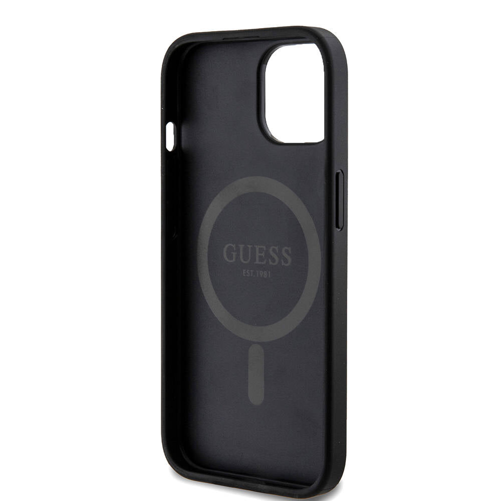 iPhone 15 Kılıf Guess Orjinal Lisanslı M-safe Şarj Özellikli PU Halkalı 4G Desenli Yazı Logolu Kapak
