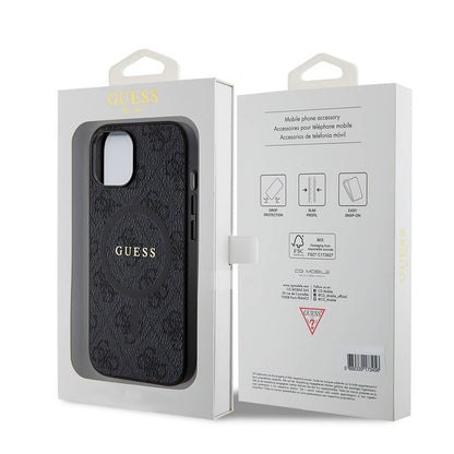 iPhone 15 Kılıf Guess Orjinal Lisanslı M-safe Şarj Özellikli PU Halkalı 4G Desenli Yazı Logolu Kapak