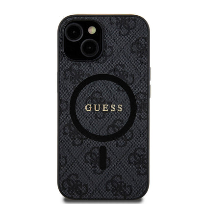 iPhone 15 Kılıf Guess Orjinal Lisanslı M-safe Şarj Özellikli PU Halkalı 4G Desenli Yazı Logolu Kapak