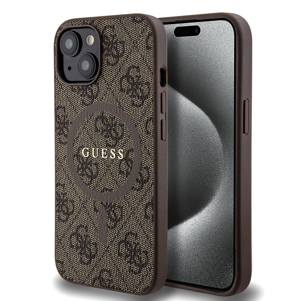 iPhone 15 Kılıf Guess Orjinal Lisanslı M-safe Şarj Özellikli PU Halkalı 4G Desenli Yazı Logolu Kapak