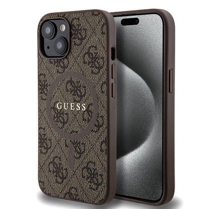 iPhone 15 Kılıf Guess Orjinal Lisanslı M-safe Şarj Özellikli PU Halkalı 4G Desenli Yazı Logolu Kapak