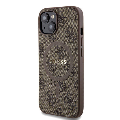 iPhone 15 Kılıf Guess Orjinal Lisanslı M-safe Şarj Özellikli PU Halkalı 4G Desenli Yazı Logolu Kapak