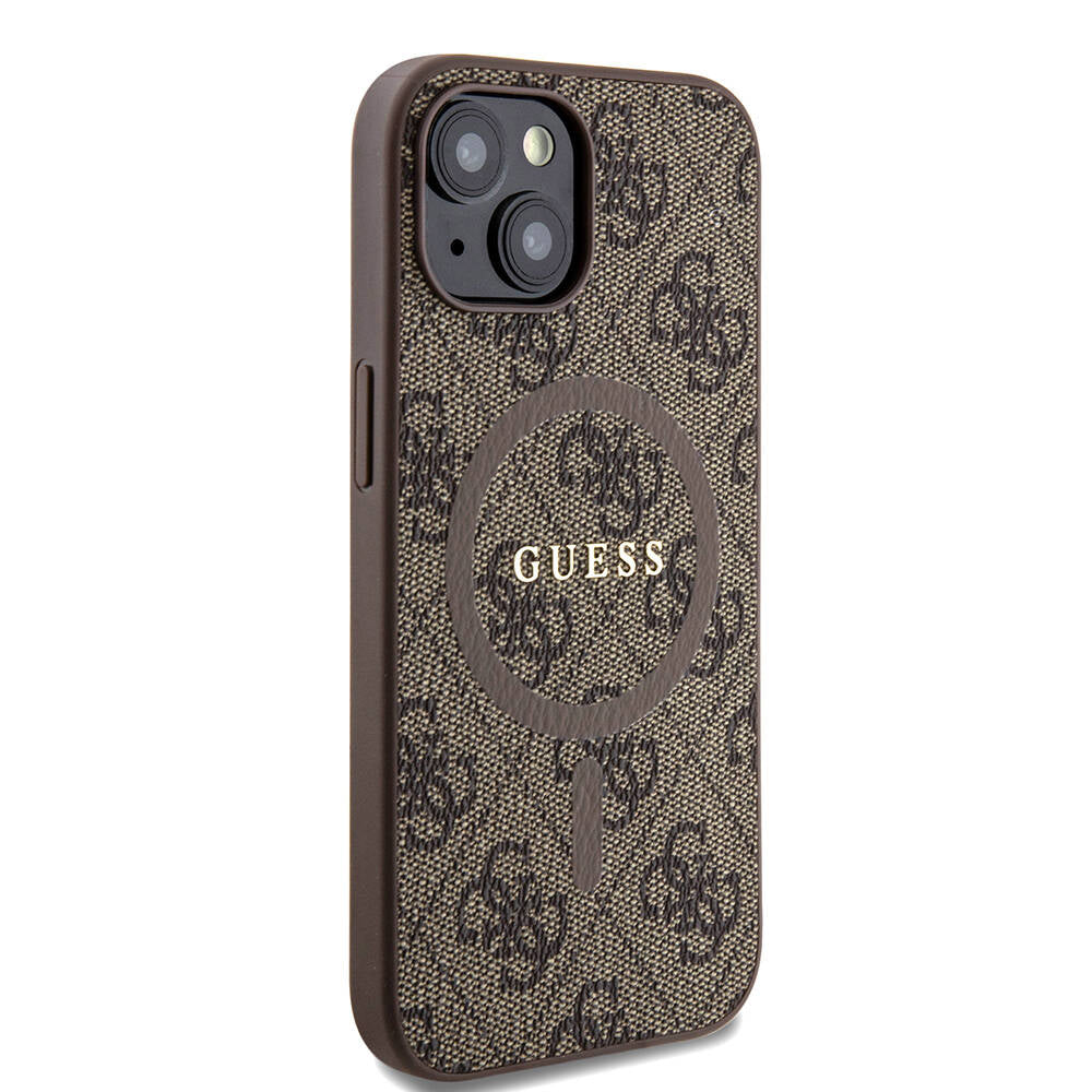 iPhone 15 Kılıf Guess Orjinal Lisanslı M-safe Şarj Özellikli PU Halkalı 4G Desenli Yazı Logolu Kapak