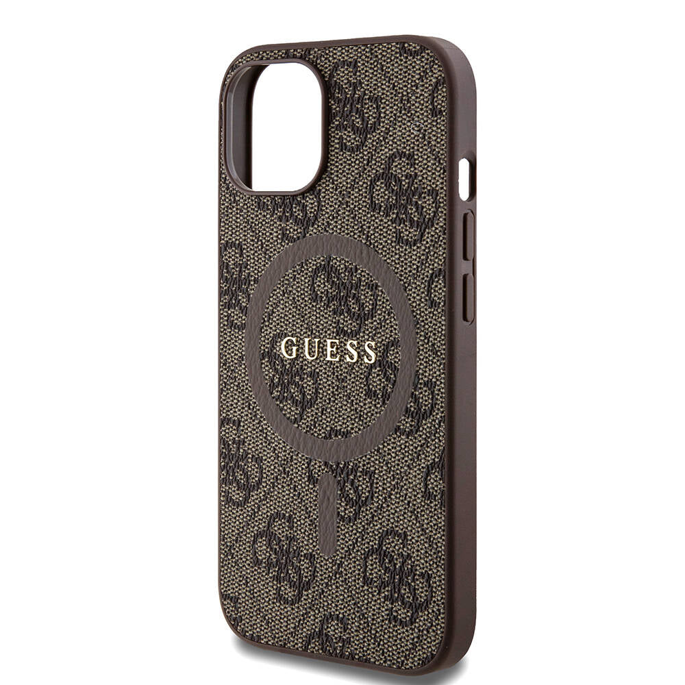 iPhone 15 Kılıf Guess Orjinal Lisanslı M-safe Şarj Özellikli PU Halkalı 4G Desenli Yazı Logolu Kapak