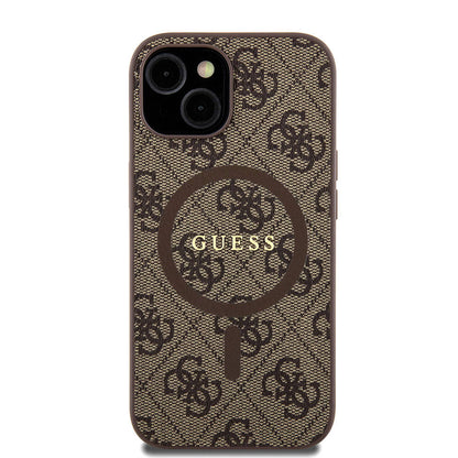 iPhone 15 Kılıf Guess Orjinal Lisanslı M-safe Şarj Özellikli PU Halkalı 4G Desenli Yazı Logolu Kapak