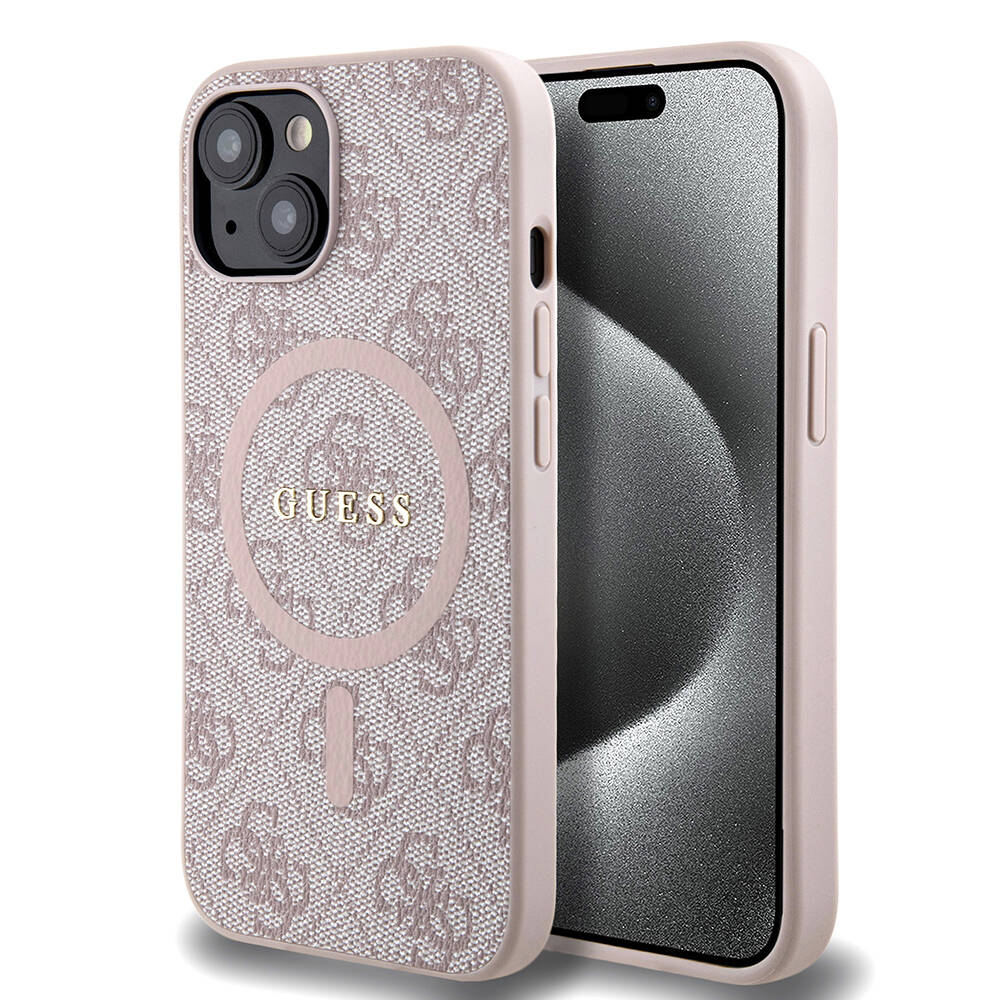 iPhone 15 Kılıf Guess Orjinal Lisanslı M-safe Şarj Özellikli PU Halkalı 4G Desenli Yazı Logolu Kapak