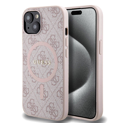 iPhone 15 Kılıf Guess Orjinal Lisanslı M-safe Şarj Özellikli PU Halkalı 4G Desenli Yazı Logolu Kapak