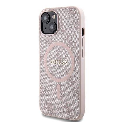 iPhone 15 Kılıf Guess Orjinal Lisanslı M-safe Şarj Özellikli PU Halkalı 4G Desenli Yazı Logolu Kapak