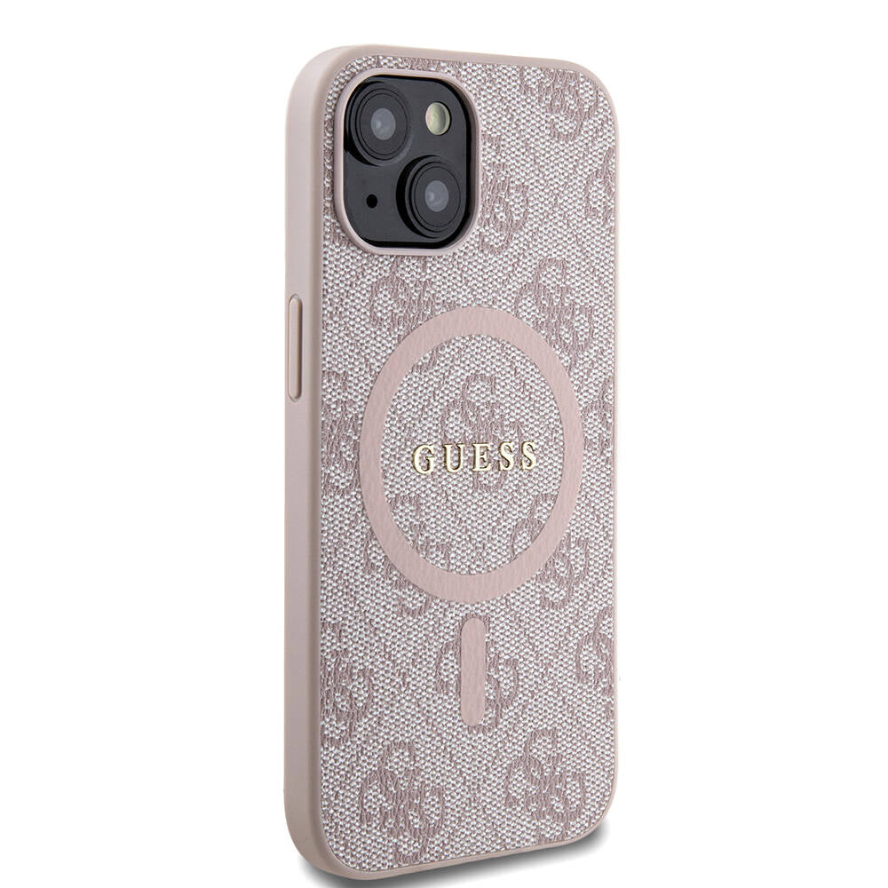 iPhone 15 Kılıf Guess Orjinal Lisanslı M-safe Şarj Özellikli PU Halkalı 4G Desenli Yazı Logolu Kapak