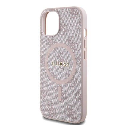 iPhone 15 Kılıf Guess Orjinal Lisanslı M-safe Şarj Özellikli PU Halkalı 4G Desenli Yazı Logolu Kapak