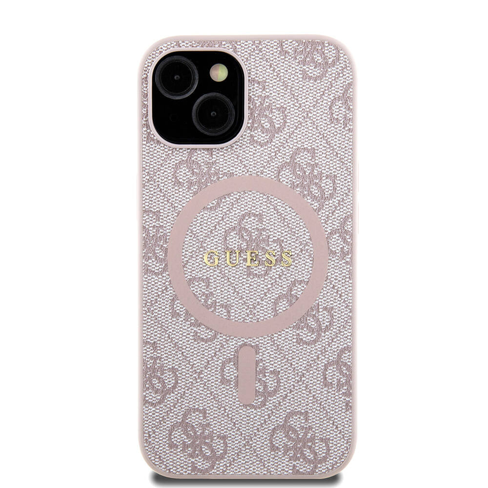 iPhone 15 Kılıf Guess Orjinal Lisanslı M-safe Şarj Özellikli PU Halkalı 4G Desenli Yazı Logolu Kapak