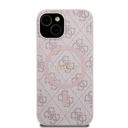 iPhone 15 Kılıf Guess Orjinal Lisanslı M-safe Şarj Özellikli PU Halkalı 4G Desenli Yazı Logolu Kapak