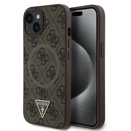 iPhone 15 Kılıf Guess Orjinal Lisanslı M-safe Şarj Özellikli PU Üçgen Logo 4G Desenli Kapak