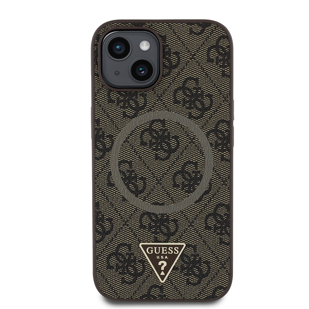 iPhone 15 Kılıf Guess Orjinal Lisanslı M-safe Şarj Özellikli PU Üçgen Logo 4G Desenli Kapak