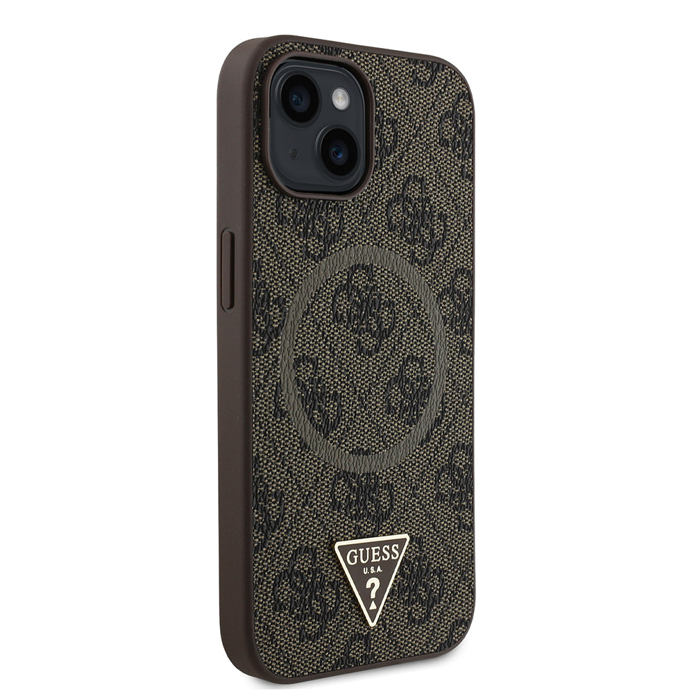 iPhone 15 Kılıf Guess Orjinal Lisanslı M-safe Şarj Özellikli PU Üçgen Logo 4G Desenli Kapak