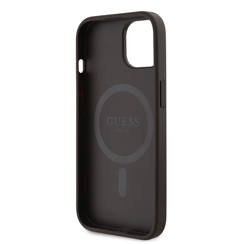 iPhone 15 Kılıf Guess Orjinal Lisanslı M-safe Şarj Özellikli PU Üçgen Logo 4G Desenli Kapak