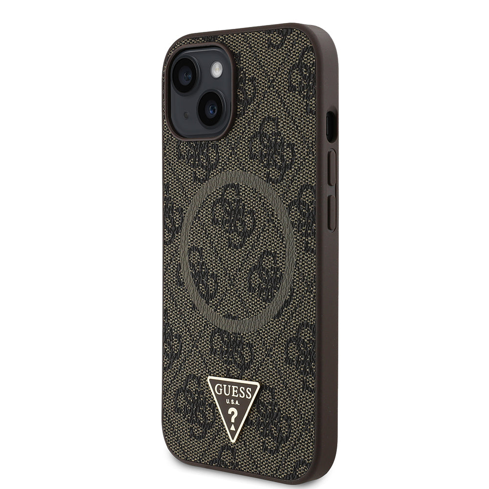 iPhone 15 Kılıf Guess Orjinal Lisanslı M-safe Şarj Özellikli PU Üçgen Logo 4G Desenli Kapak