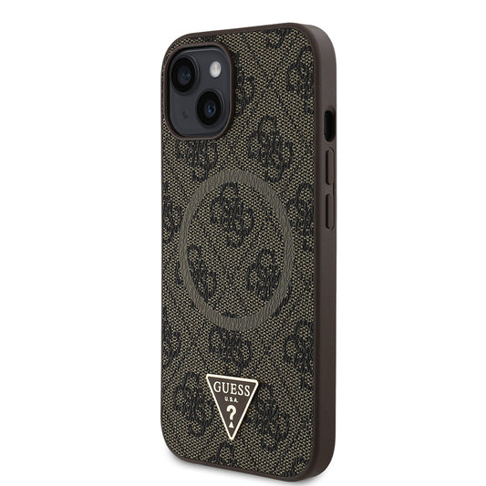 iPhone 15 Kılıf Guess Orjinal Lisanslı M-safe Şarj Özellikli PU Üçgen Logo 4G Desenli Kapak