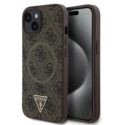 iPhone 15 Kılıf Guess Orjinal Lisanslı M-safe Şarj Özellikli PU Üçgen Logo 4G Desenli Kapak
