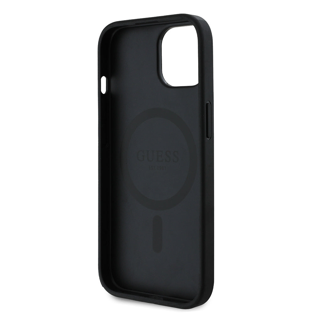 iPhone 15 Kılıf Guess Orjinal Lisanslı M-safe Şarj Özellikli PU Üçgen Logo 4G Desenli Kapak