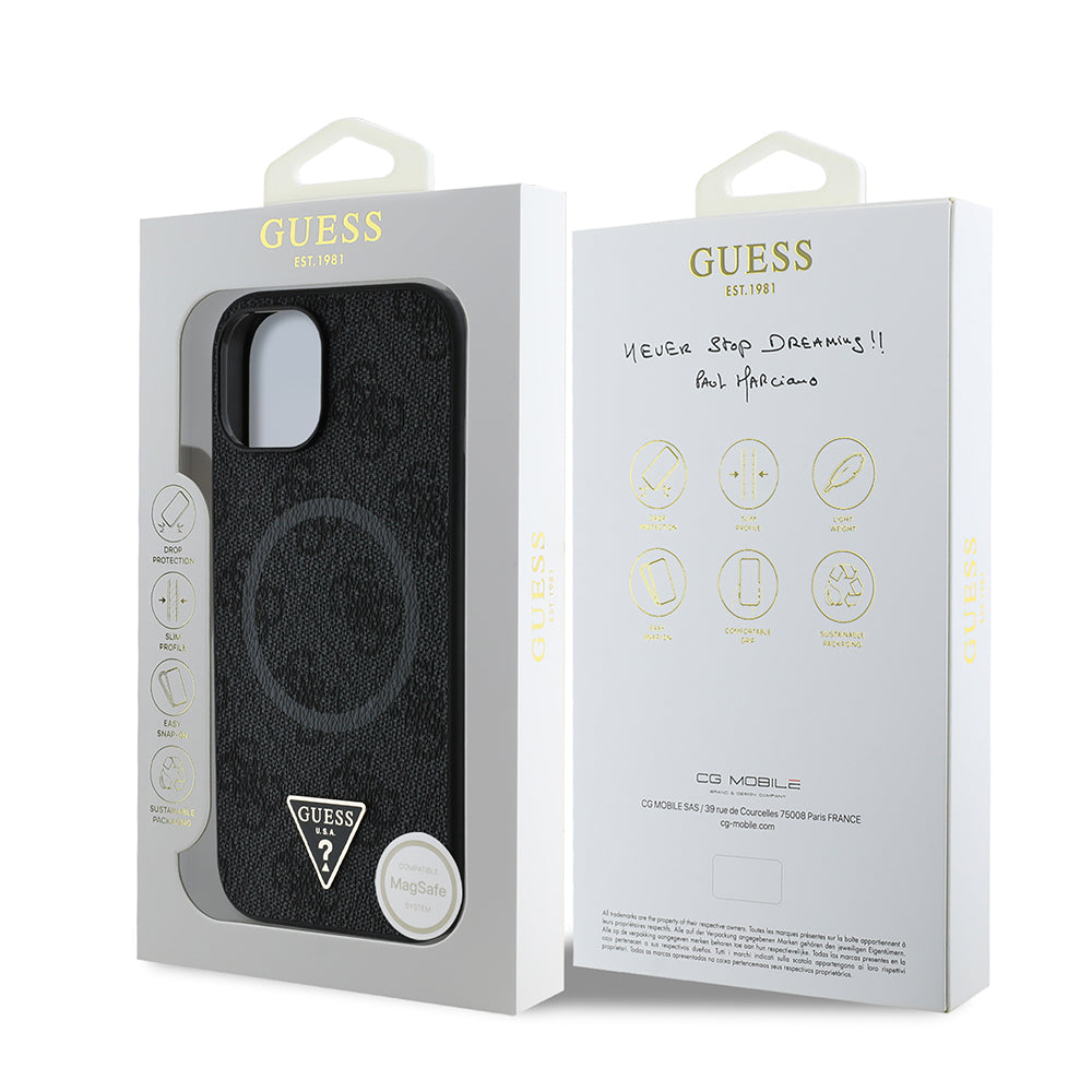 iPhone 15 Kılıf Guess Orjinal Lisanslı M-safe Şarj Özellikli PU Üçgen Logo 4G Desenli Kapak
