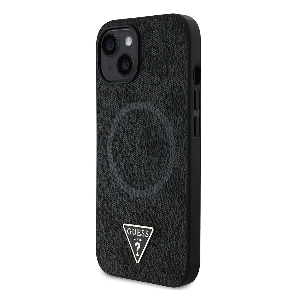 iPhone 15 Kılıf Guess Orjinal Lisanslı M-safe Şarj Özellikli PU Üçgen Logo 4G Desenli Kapak