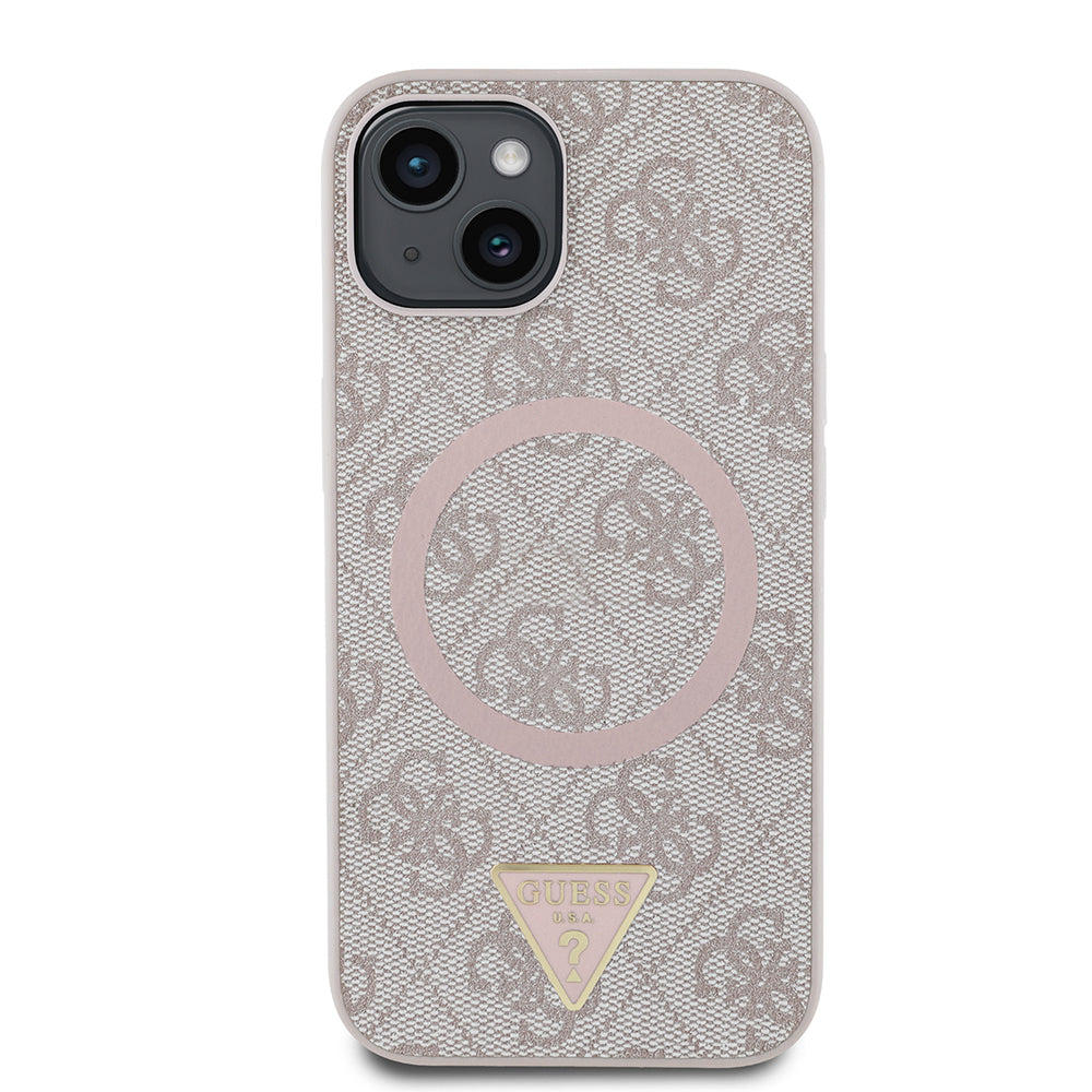 iPhone 15 Kılıf Guess Orjinal Lisanslı M-safe Şarj Özellikli PU Üçgen Logo 4G Desenli Kapak
