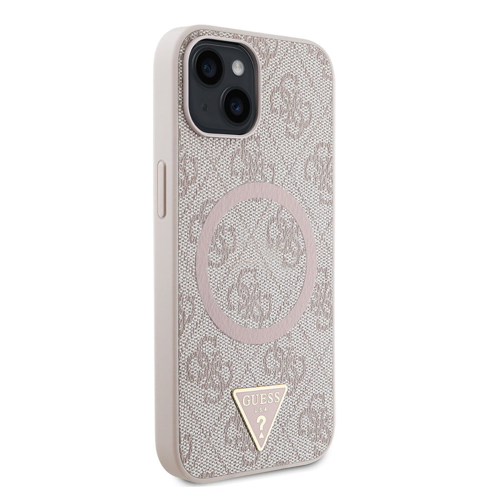 iPhone 15 Kılıf Guess Orjinal Lisanslı M-safe Şarj Özellikli PU Üçgen Logo 4G Desenli Kapak