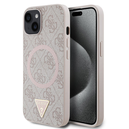 iPhone 15 Kılıf Guess Orjinal Lisanslı M-safe Şarj Özellikli PU Üçgen Logo 4G Desenli Kapak