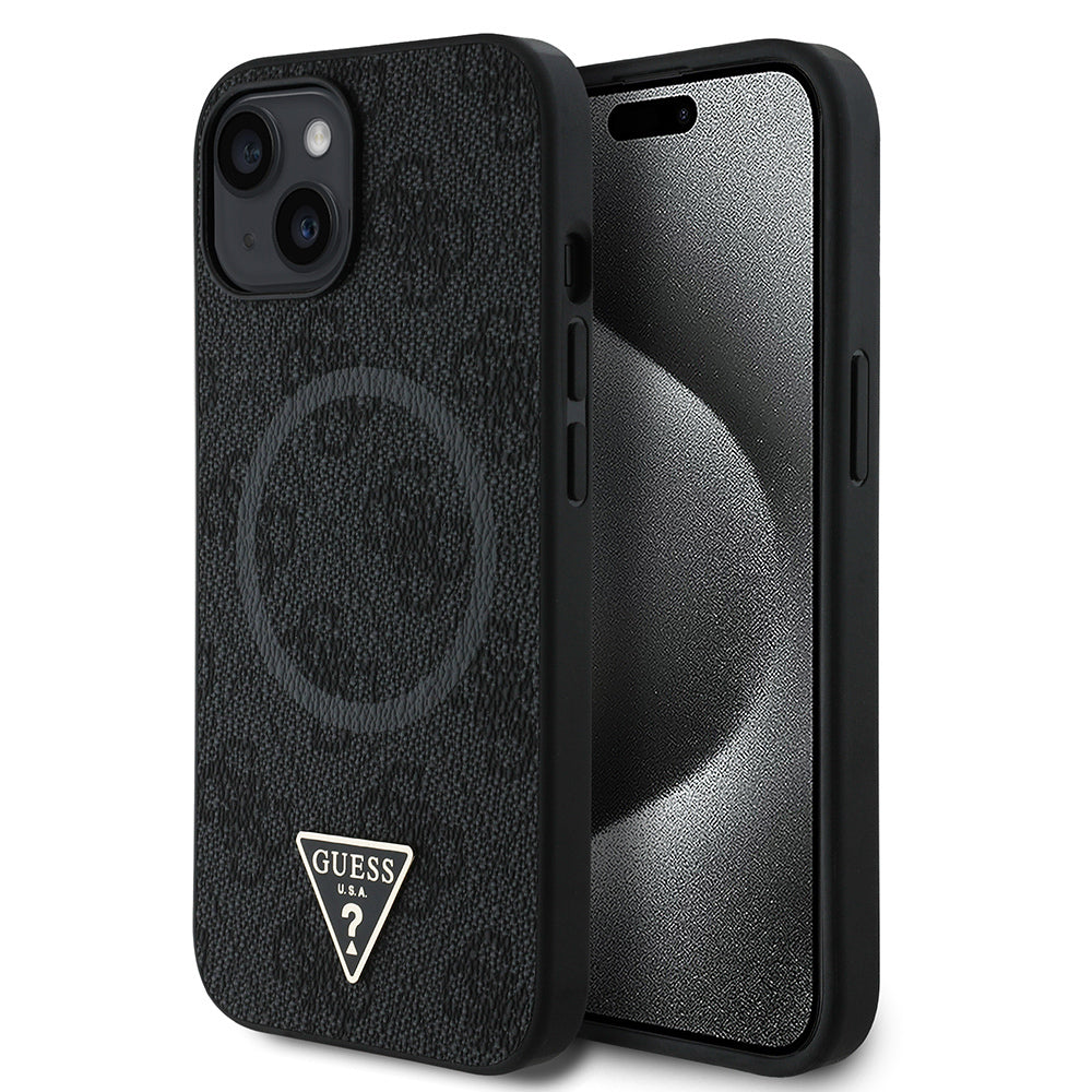 iPhone 15 Kılıf Guess Orjinal Lisanslı M-safe Şarj Özellikli PU Üçgen Logo 4G Desenli Kapak